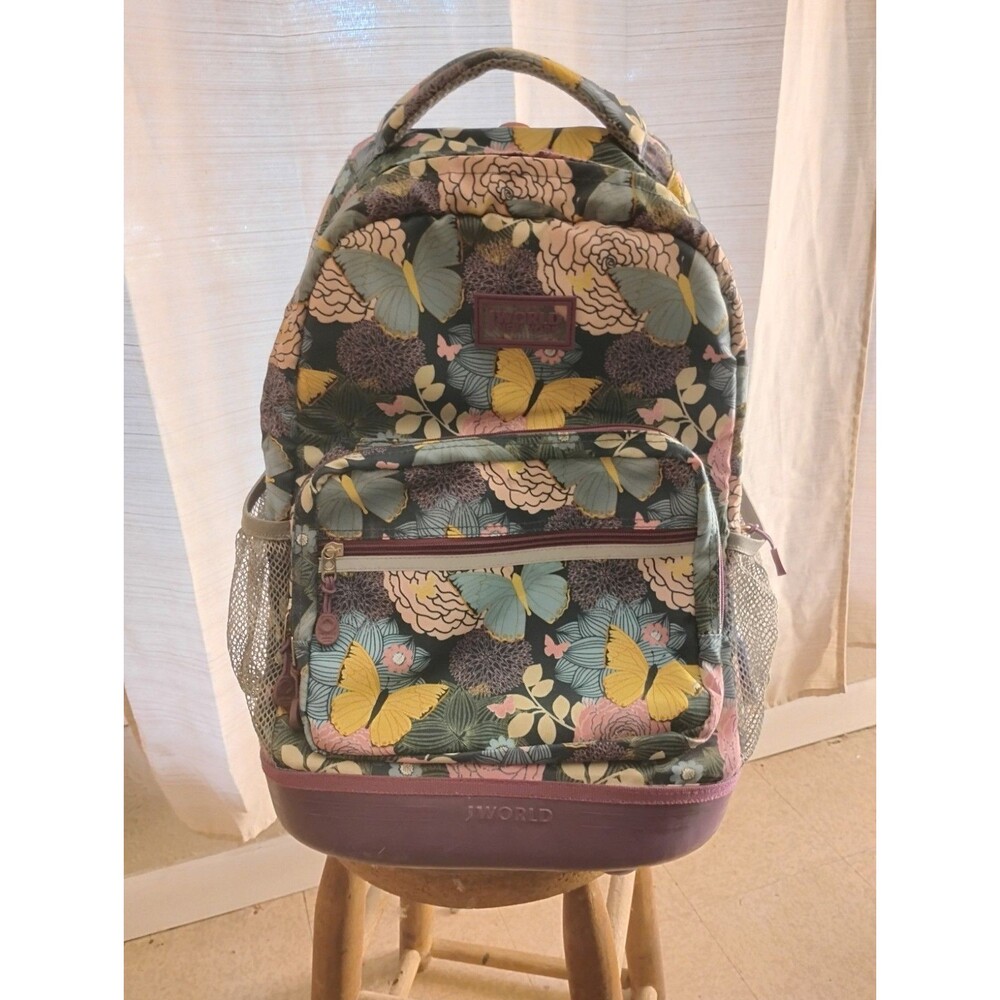 J World New York Rolling Backpack Retractable Handle Mesh Pockets Secret Garden